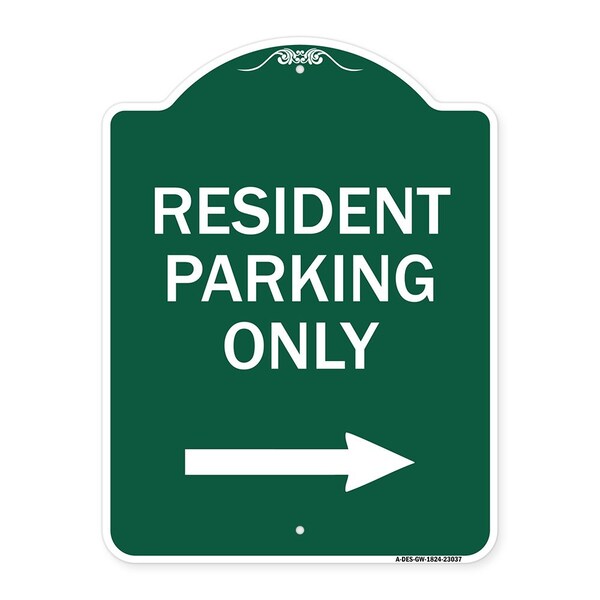 Reserved Parking Resident Parking W/ Right Arrow Heavy-Gauge Aluminum Sign, 18" x 24", GW-1824-23037